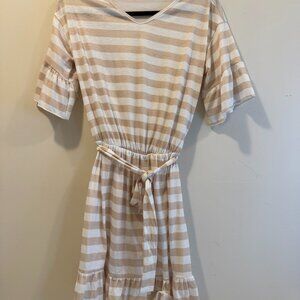A-Line Tan and White Striped Mini Dress